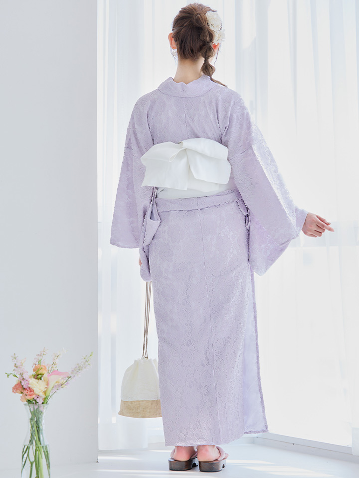 即日発送】白地×ライラックフラワーレース浴衣 19obi-3 / 19himo 