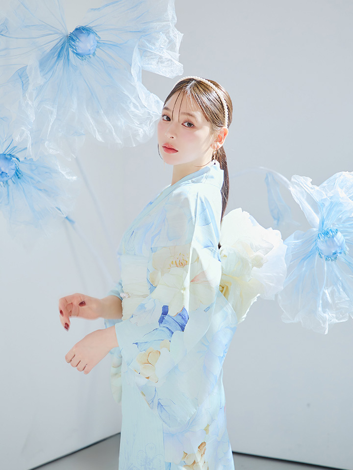 浴衣セール!】【即日発送】ベビーブルー牡丹＆紫陽花浴衣 【浴衣3点