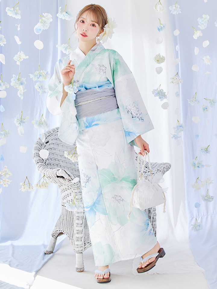 即日発送】【浴衣セール！】大柄アイシーミントフラワー浴衣 【浴衣3