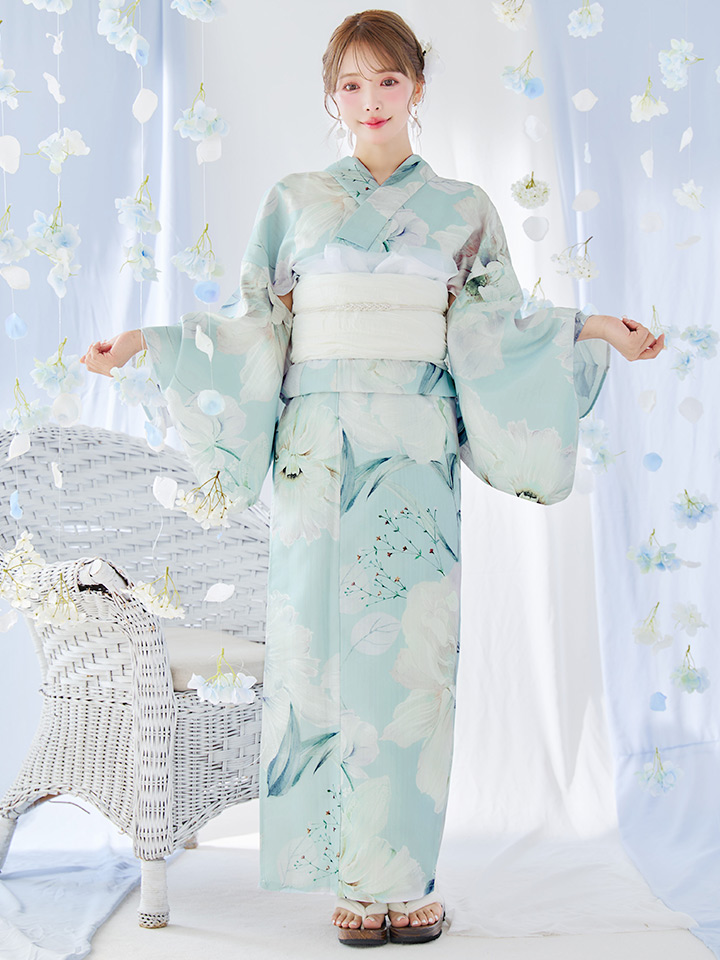 JEWELS アイシーミントフラワー浴衣 3点セット (浴衣/帯/下駄) 即日発送】【浴衣セール！】大柄アイシーミントフラワー浴衣