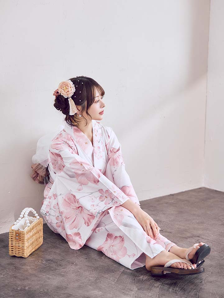 ニュアンスピンク水彩朝顔浴衣 【浴衣3点セット 浴衣/帯/下駄】[OF04