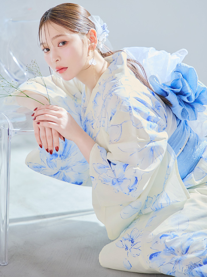 即日発送】グラデーションブルー牡丹和モダン浴衣 【浴衣3点セット