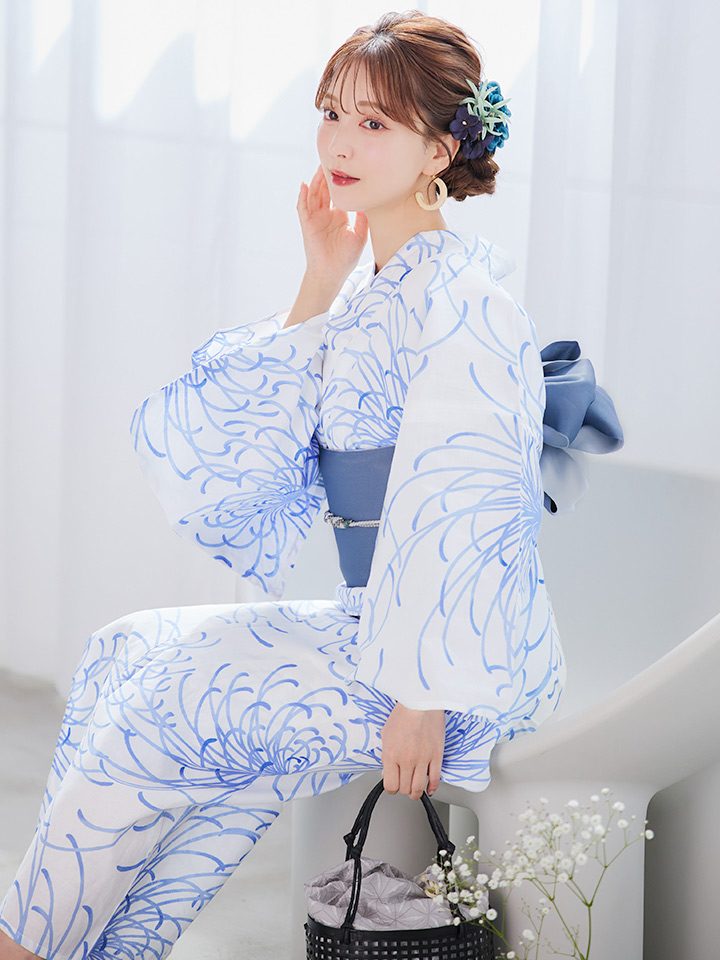 即日発送】白菊月の古典浴衣 【浴衣3点セット 浴衣/帯/下駄】[YMT