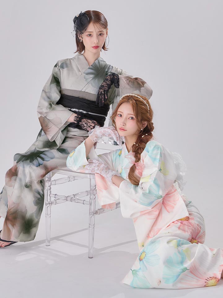 【コラボ浴衣】水彩ニュアンスグレーコスモス浴衣/MIXフローラ浴衣